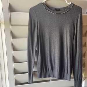 Gray Crew Neck Sweater with Embellished Neckline